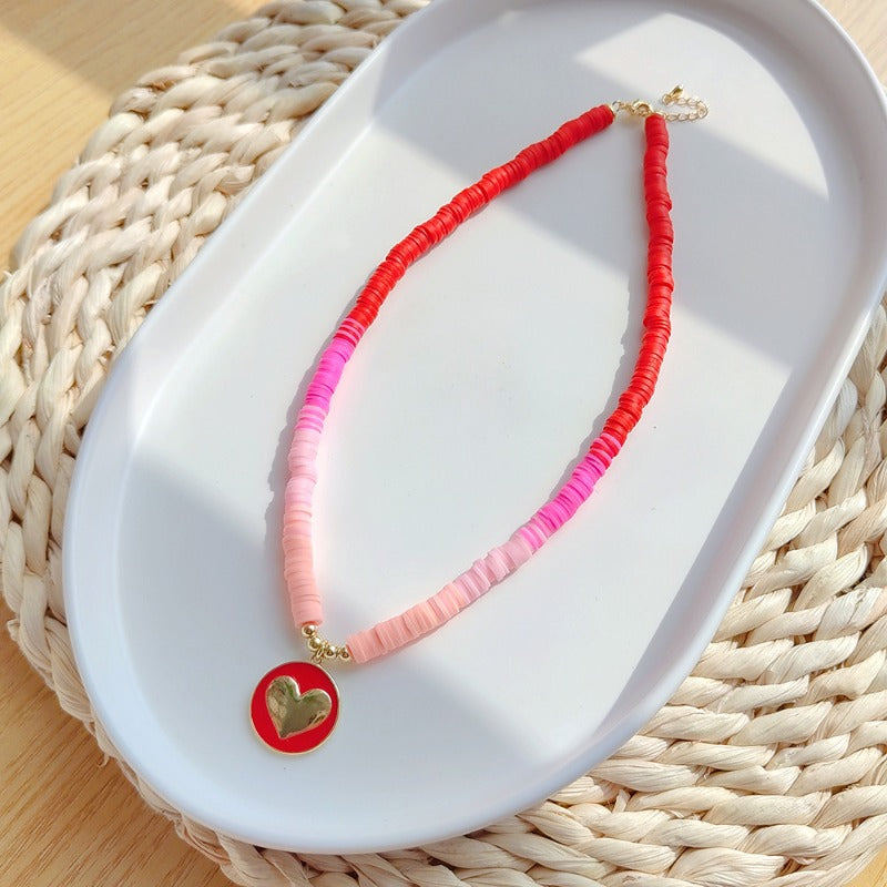 Wholesale crystal beaded boho style polymer clay love creative necklace set